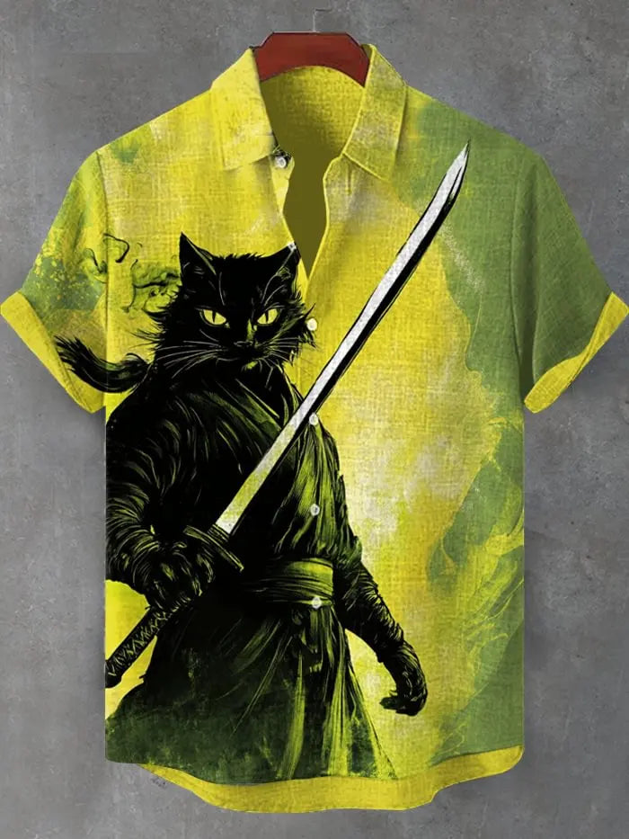 Men's Edo Cat Samurai Warrior Japanese Art Anime Shirts 3D Print Casual Hawaiian Shirts Summer Men Women Short Sleeve Blouse Top