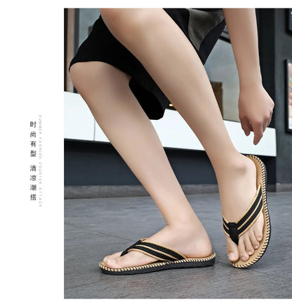 Men's flip flops summer new lightweight rubber woven slippers fashion casual outdoor sandals breathable anti slip beach shoes