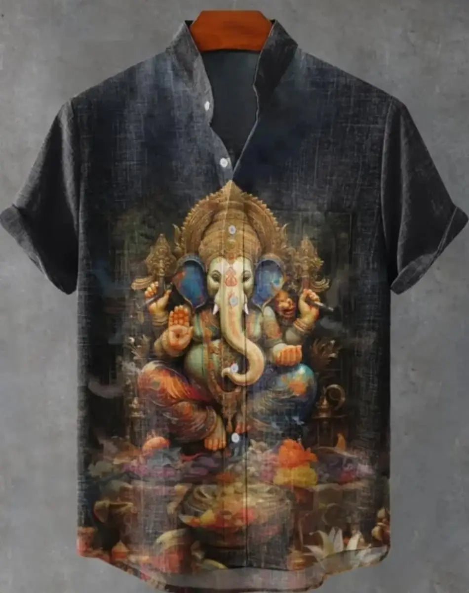 New Retro Men's Ethnic Elephant Pattern Print Lapel Shirt, Fashion Casual Short Sleeve Linen Neuheiten in Oberteile Und T-shirts