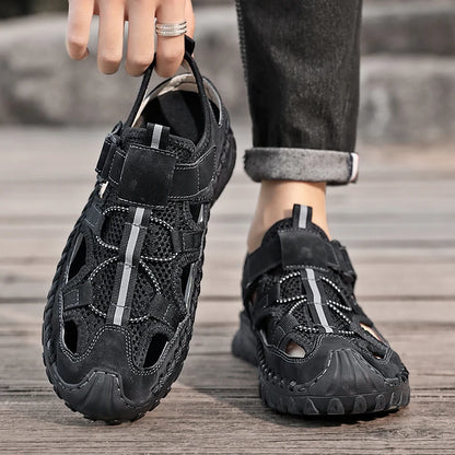 Men Outdoor Protective Toe Sandals Hollow Breathable Mesh Upper Quick Dry Lining Non Slip Walking Camping Driving Casual Shoes