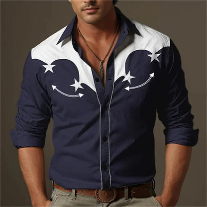 Men's Western Shirt Vintage Pattern Lapel Long Sleeve Button Print Top Fashion Streetwear Designer Western Style