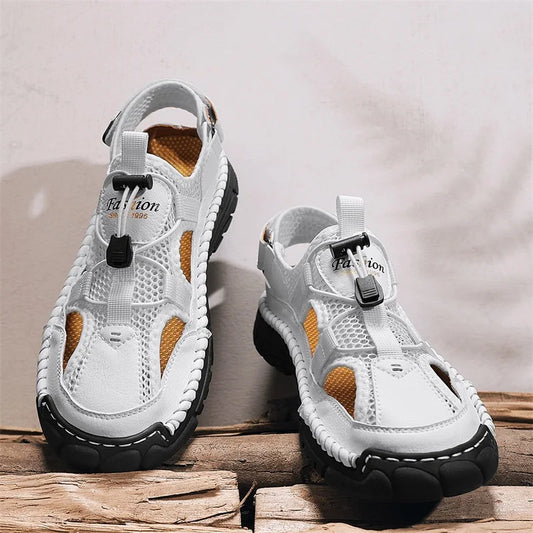 Men's Handmade Simple Letter-Print Sandals, Summer Beach Hollow Sandals, Fashionable Velcro Men's Shoes, Outdoor Hiking and River-Tracing Shoes, Comfortable, Breathable, Wear-Resistant, Non-Slip, Large Size Men's Shoes