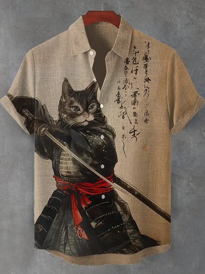 Men's Edo Cat Samurai Warrior Japanese Art Anime Shirts 3D Print Casual Hawaiian Shirts Summer Men Women Short Sleeve Blouse Top