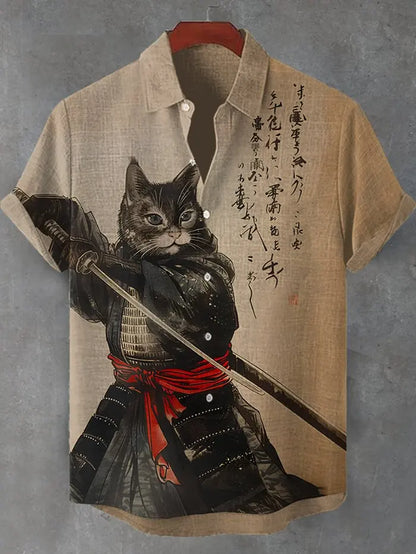 Men's Edo Cat Samurai Warrior Japanese Art Anime Shirts 3D Print Casual Hawaiian Shirts Summer Men Women Short Sleeve Blouse Top