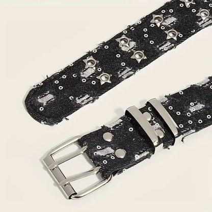 1Pc Fashion Luxury Belt Black Punk Accessories Blue Denim Girdle HipHop Y2k Star Hollowed Pin Buckle Waistband，For Men Women