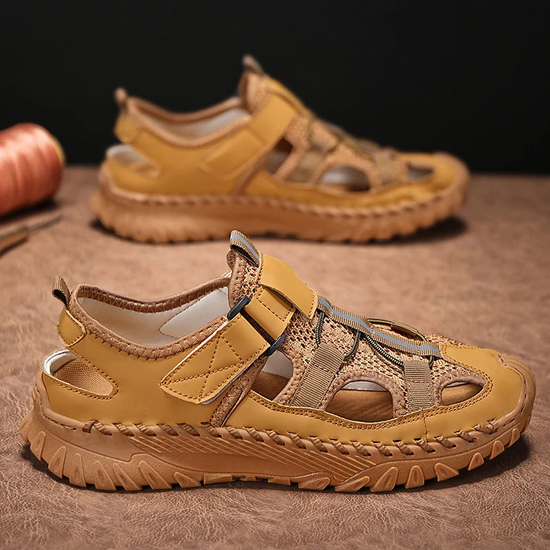 Men Outdoor Protective Toe Sandals Hollow Breathable Mesh Upper Quick Dry Lining Non Slip Walking Camping Driving Casual Shoes