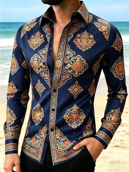 New Colorful Fluid Art Printed Men's Long Sleeve Shirt Trendy Brand Personalized Casual Slimming Shirt