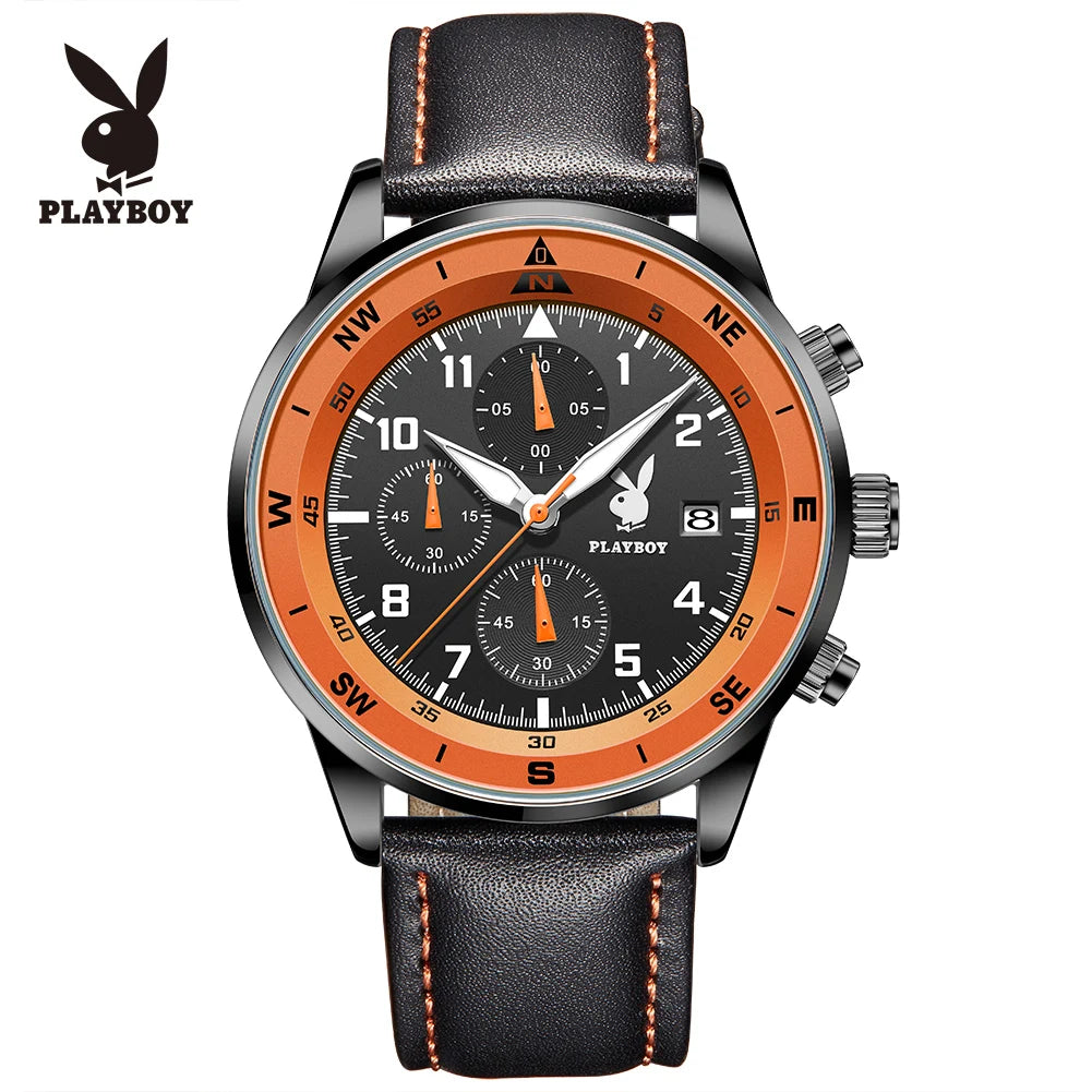 PLAYBOY Luxury Quartz Men's Watches Fashion Casual Leather Strap Sports Chronograph Wristwatch Original Waterproof Watches 3303