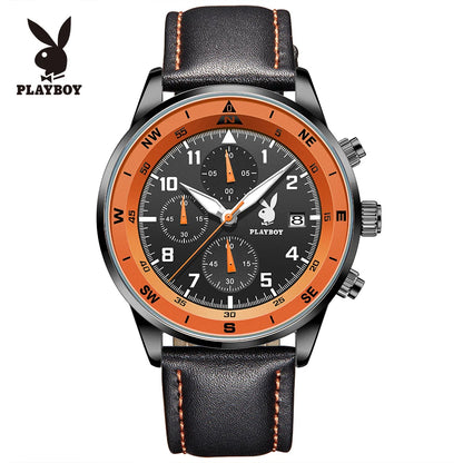 PLAYBOY Luxury Quartz Men's Watches Fashion Casual Leather Strap Sports Chronograph Wristwatch Original Waterproof Watches 3303