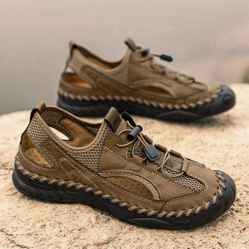 Summer Men Full Casual Leather Hand Stitch Big Size Outdoor Beach Sandals Closed Toe Non Slip Comfort New Summer Walking Shoes