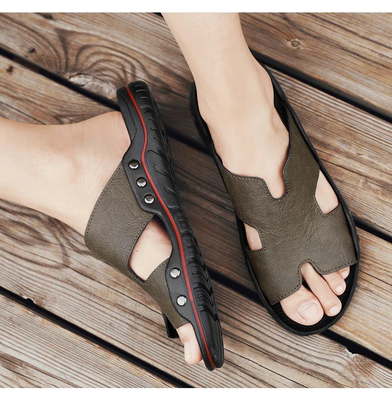 Summer Men Slippers Genuine Leather Breathable Clogs Sandals Beach Classics Leather Slides Outdoor Flip Flops Plus Size Men Shoe