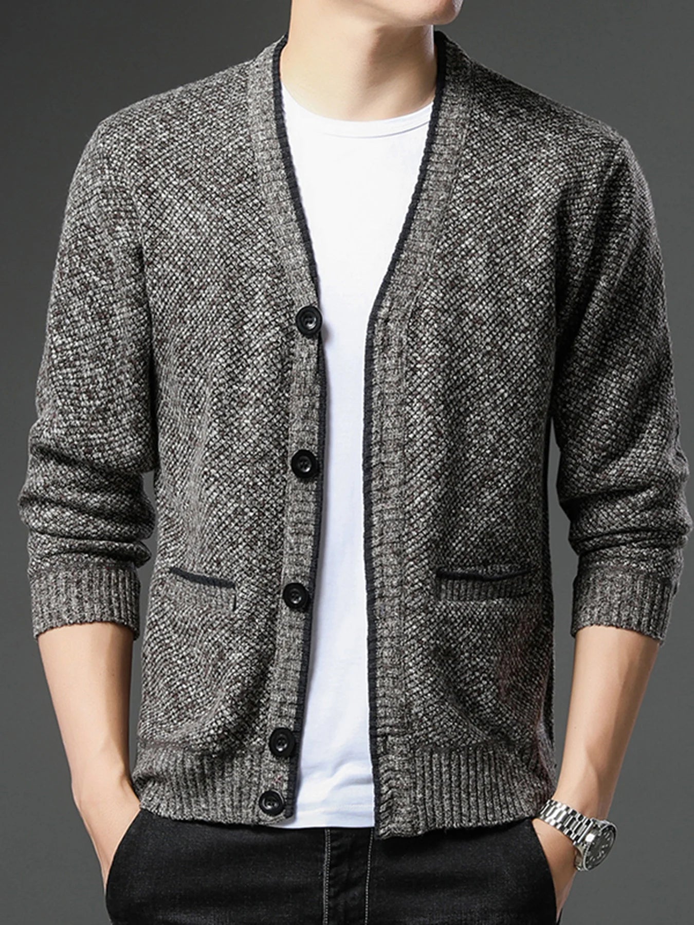 Men's Fleece Lined Knit Cardigan, V-Neck Button Sweater Jacket, Warm Casual Business Knitwear Coat for Autumn Winter