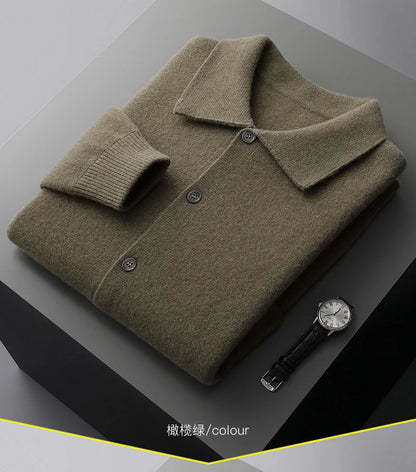 Autumn And Winter 100% Cashmere Cardigan Men's POLO Collar Coat Knitted Baseball Uniform Jacket Bottoming Wool Sweater