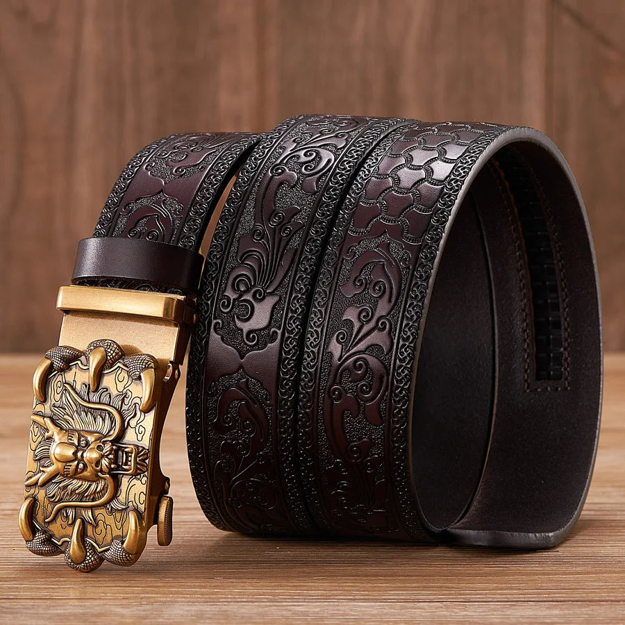 3.5cm Fashion Embossing Retro Male Belts for Men Business Split Leather Belt Dragon Pattern Automatic Buckle Strap