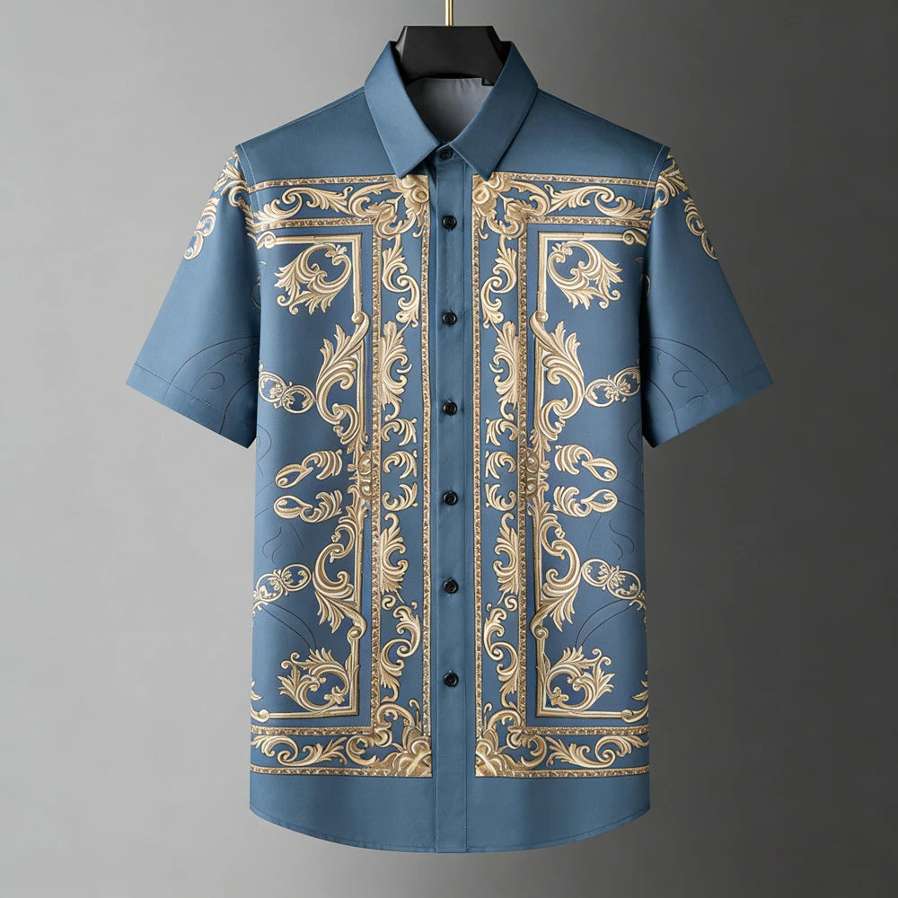 Men's Fashion Retro Breathable Soft Short Sleeve Shirt Gold Pattern Natural 3D Printed Shirt Men's Wedding Casual Party Tops Men