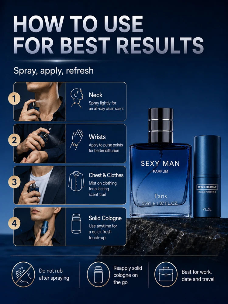 2PCS Men's Cologne Set No Box Long Lasting Fresh Marine Perfume Spray + Solid Cologne Portable Travel Gift for Men