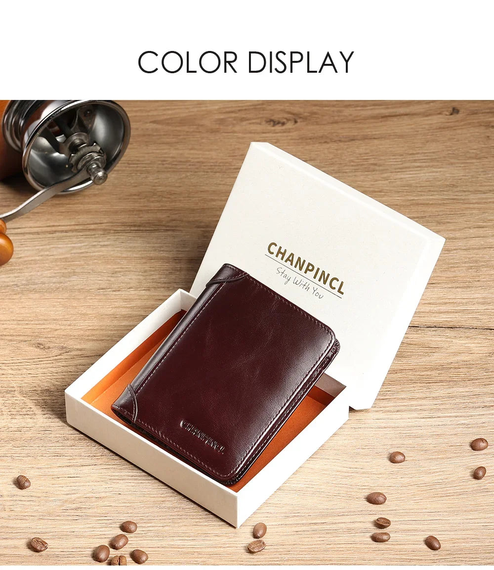 CHANPINCL Men's Italian Top-Grain Cow Leather Slim Tri-Fold Vertical Wallet – Multi-Card, RFID Blocking & Gift Box
