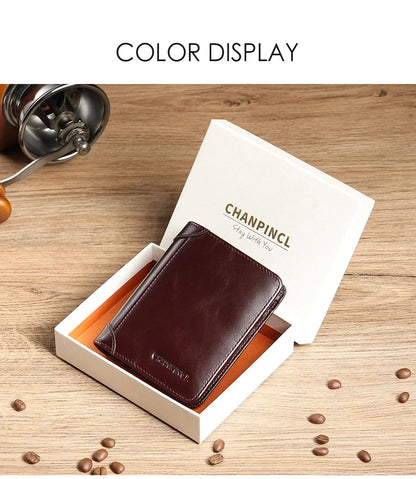 CHANPINCL Men's Italian Top-Grain Cow Leather Slim Tri-Fold Vertical Wallet – Multi-Card, RFID Blocking & Gift Box
