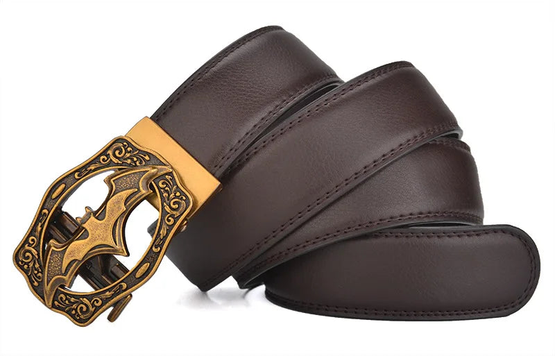 Men's Vintage Bat Pattern Genuine Leather Belt, Silver Gold Automatic Buckle, Plus Size 130 140 150 160 170cm Casual Waistband