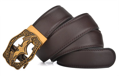 Men's Vintage Bat Pattern Genuine Leather Belt, Silver Gold Automatic Buckle, Plus Size 130 140 150 160 170cm Casual Waistband