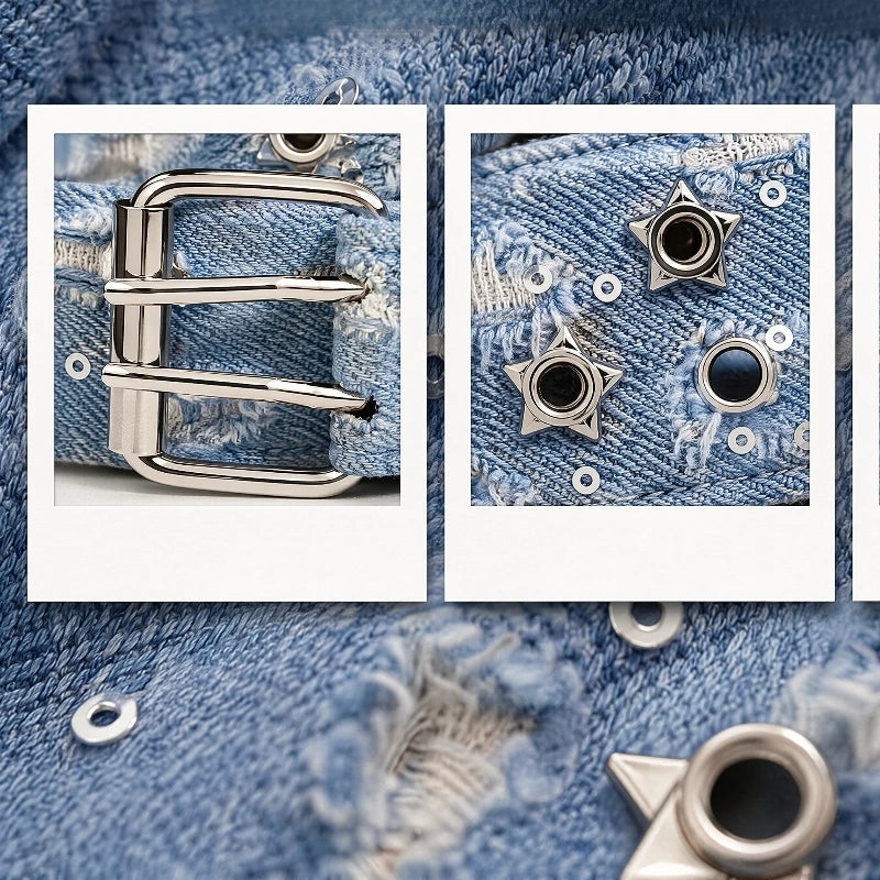1Pc Fashion Luxury Belt Black Punk Accessories Blue Denim Girdle HipHop Y2k Star Hollowed Pin Buckle Waistband，For Men Women