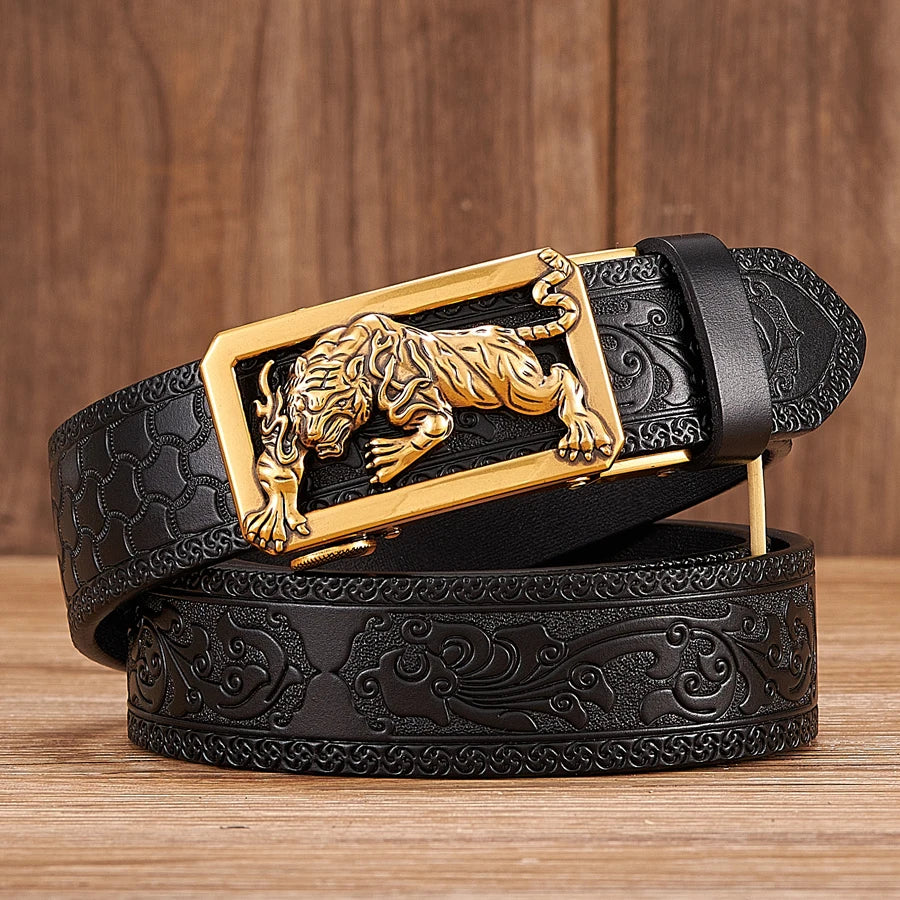 3.5cm Fashion Embossing Retro Male Belts for Men Business Split Leather Belt Dragon Pattern Automatic Buckle Strap