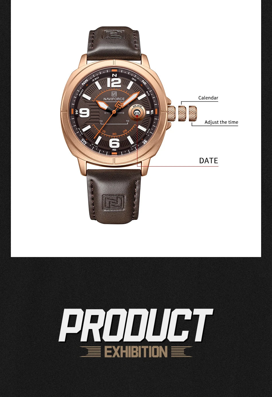 NAVIFORCE  High Quality Male Wristwatch PU Band Calendar Brand Men Quartz Watch Auto Date Display Waterproof Clocks Reloj Hombre