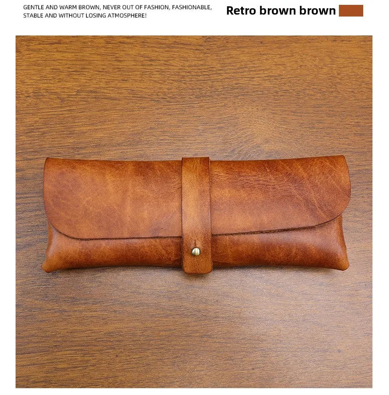 Genuine Leather Men Pencil Bag Handmade Wallet Large Capacity Retro Glasses Storage Bag Stationery Pencil Case Unisex Purses