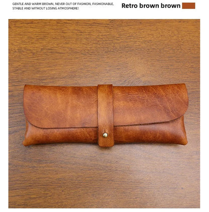 Genuine Leather Men Pencil Bag Handmade Wallet Large Capacity Retro Glasses Storage Bag Stationery Pencil Case Unisex Purses