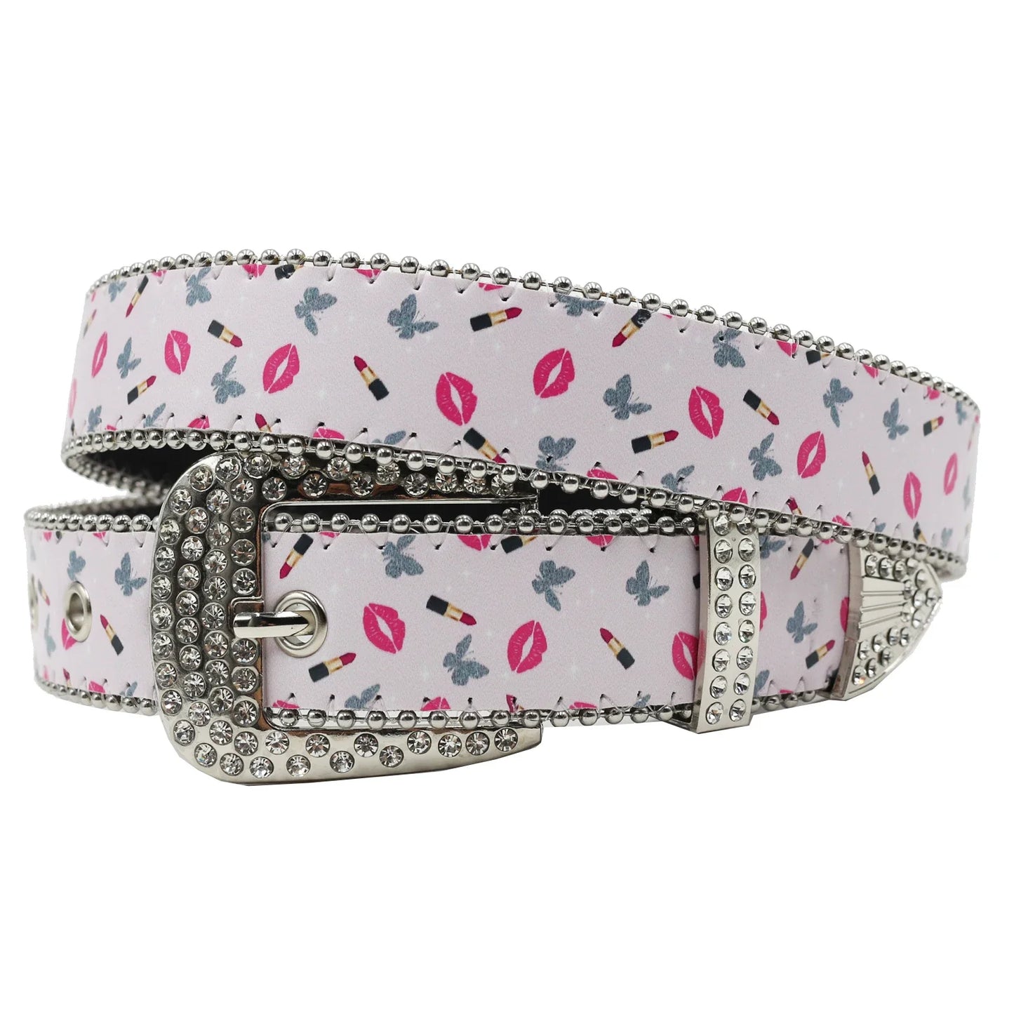 Rhinestone belt blue totem print New Women's Fashion Rhinestone Versatile Fashion PU Leather Belt Jeans Punk Rock Y2K Belt