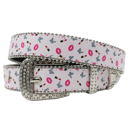 Rhinestone belt blue totem print New Women's Fashion Rhinestone Versatile Fashion PU Leather Belt Jeans Punk Rock Y2K Belt