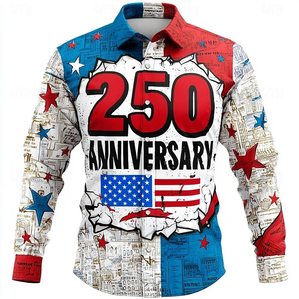 Men's Shirt Us Flag Freedom 250th Anniversary Trendy Retro 3D Print Top Autumn Long Sleeved Button up Spring Fall Holiday Shirts