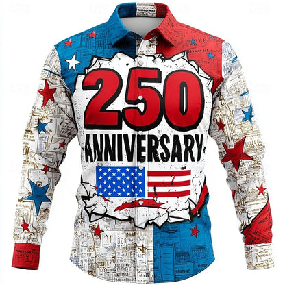 Men's Shirt Us Flag Freedom 250th Anniversary Trendy Retro 3D Print Top Autumn Long Sleeved Button up Spring Fall Holiday Shirts