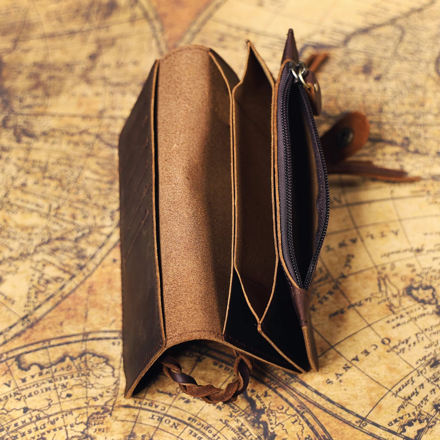 S.WORKER Vintage Crazy Horse Leather Wallet Handmade Men's Genuine Leather Long Wallet Pocket Purse Clutch Cash Card Holder