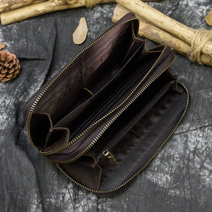 Luufan Vintage Crazy Horse Leather Men Women Long Purse Wallet Credit Card Double Zip Wallets Long Wallet Male Clutch Purse