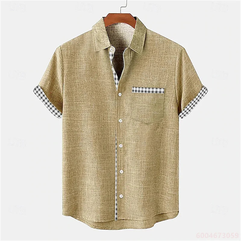 2026 Summer Men's Short-Sleeve Shirt, Coconut Tree Print, Color-Blocked Placket, Casual Vacation Beach Shirt, Hawaiian Shirt