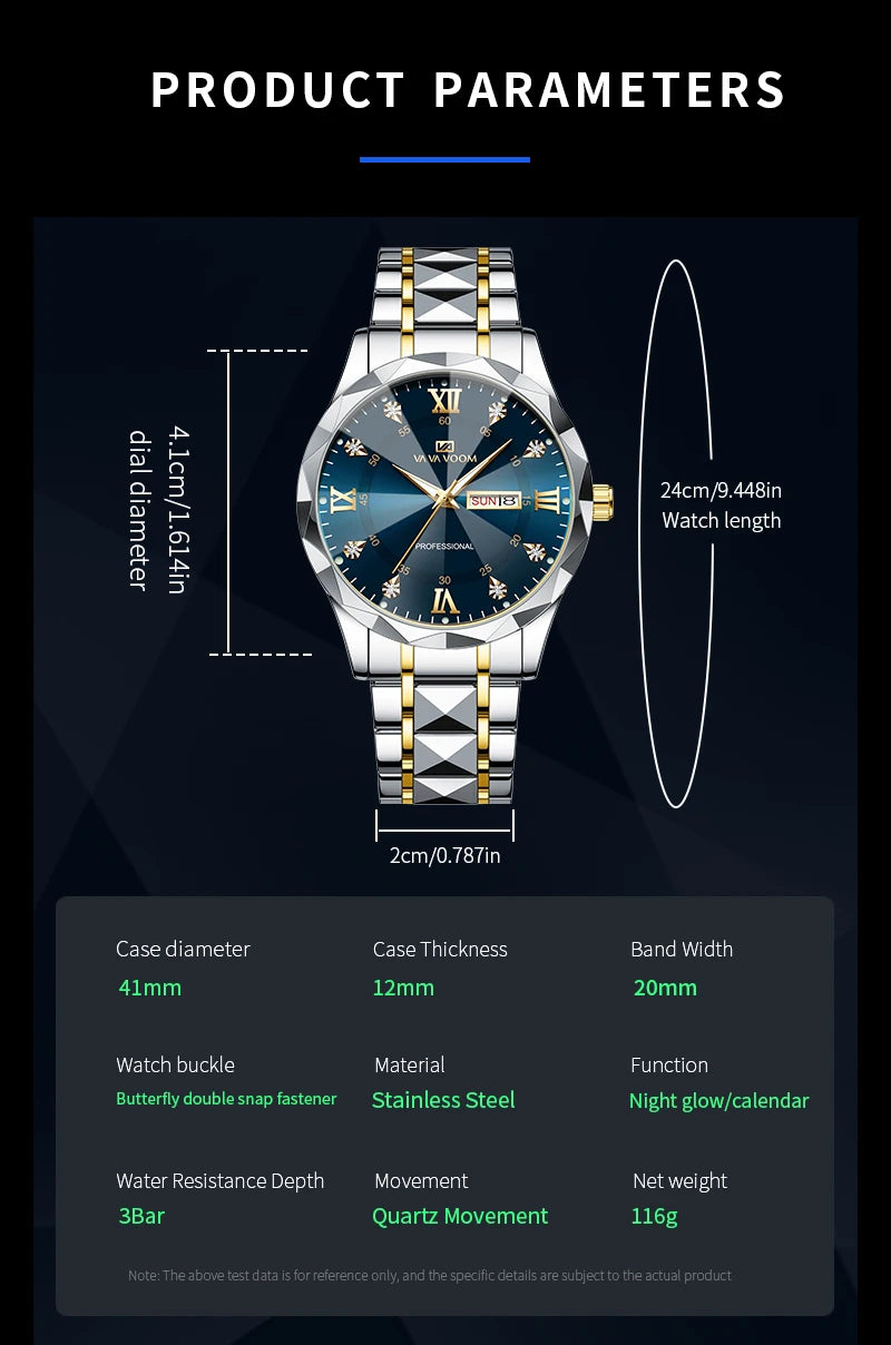 VA VA VOOM Hot Selling Original Blue Gold Creative Design Classic Hot selling Quartz Watch Men Fashion High Quality Rhombus Design Fashion Business Japanese Movement Gold Stainless Steel Fashion Clock Sports Watch for Men Gif