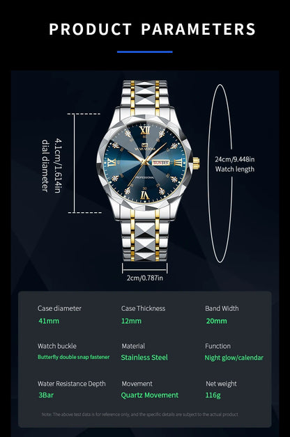 VA VA VOOM Hot Selling Original Blue Gold Creative Design Classic Hot selling Quartz Watch Men Fashion High Quality Rhombus Design Fashion Business Japanese Movement Gold Stainless Steel Fashion Clock Sports Watch for Men Gif