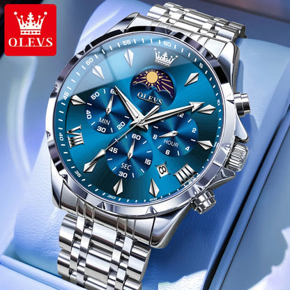 OLEVS 3653 Original Mens Quartz Watch NEW Four Functional Small Dials Chronograph 24-hour Moon Phase Stainless Steel Waterproof Man Wristwatch