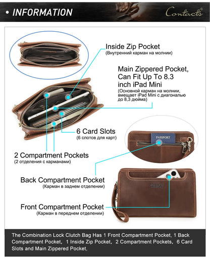 CONTACT'S Genuine Leather Handbag Men Vintage Small Cluth Bag 6 Card Holder iPad Mini Metal Lock Travel Business Pouch Bag
