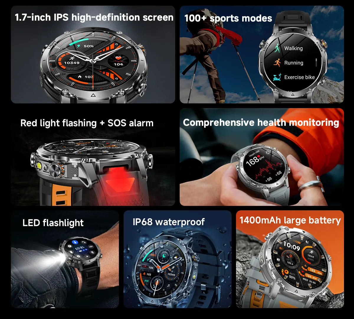 2026 New Military 1400mAh Battery Smart Watch Men Outdoor Flashlight 10ATM Waterproof Heart Rate Bluetooth Call Sports Bracelets