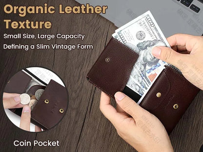 Pomelo Best Portable Men's Bifold Small Vintage Genuine Fine Grain Leather Wallet with Coin Compartment Press Stud Gift for Men