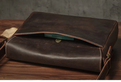 NUKA Men's Genuine Leather Shoulder Bag Retro Original Cowhide Horizontal Crossbody Deluxe Flap Messenger Bags For 11 Inch Ipad