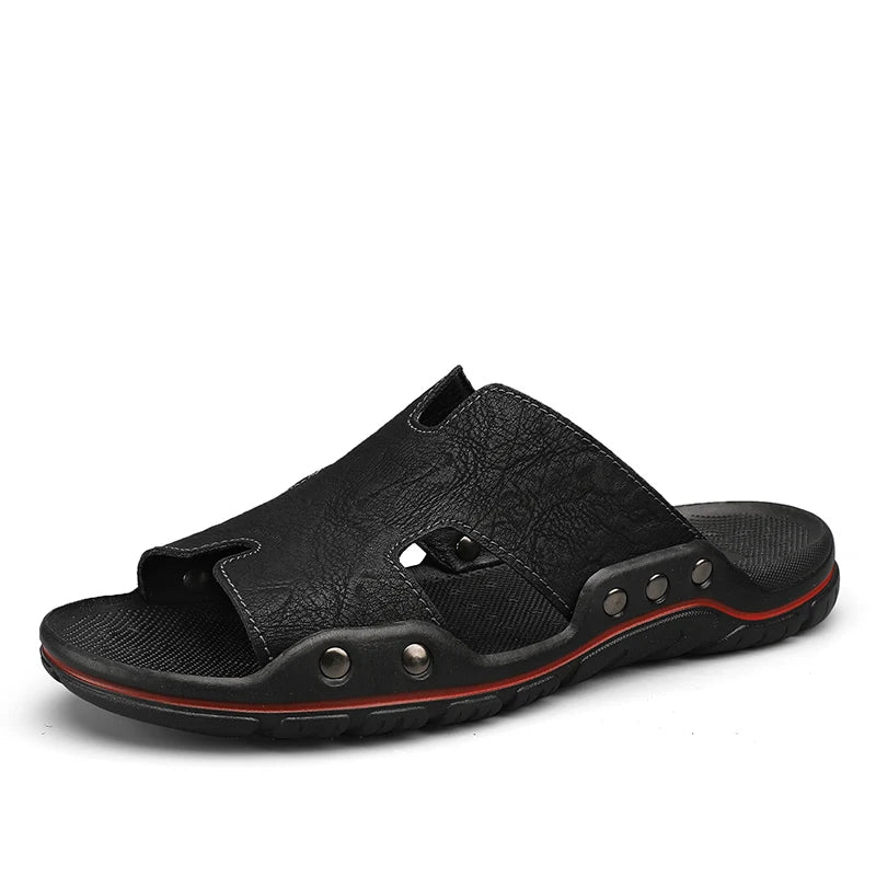 Summer Men Slippers Genuine Leather Breathable Clogs Sandals Beach Classics Leather Slides Outdoor Flip Flops Plus Size Men Shoe