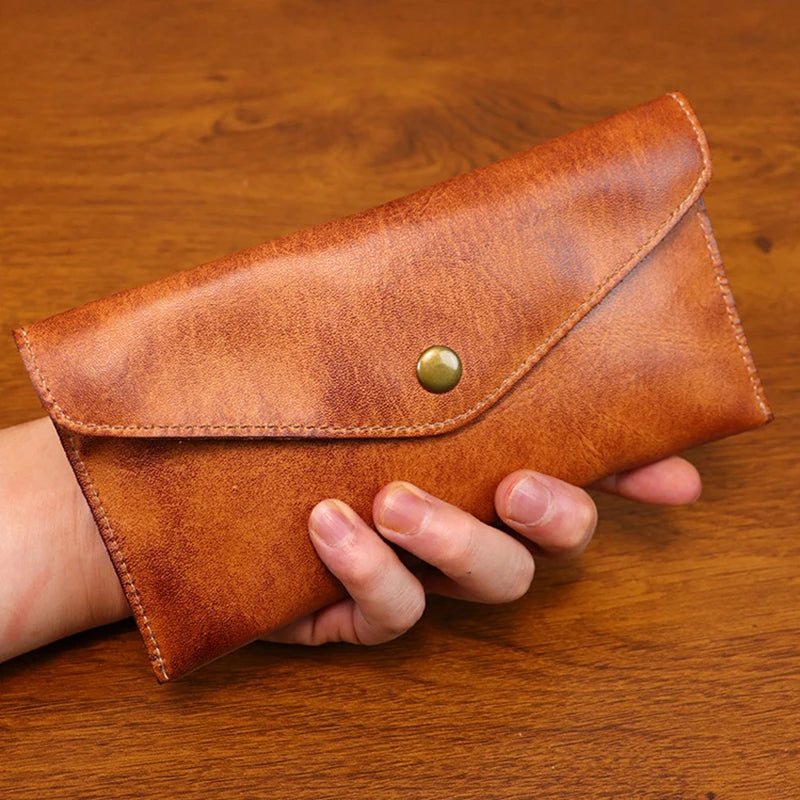 Genuine Leather Men Handmade Wallet High Quality Retro Handbag Simple Phone Pocket Card Bag Big Capacity Male Purses