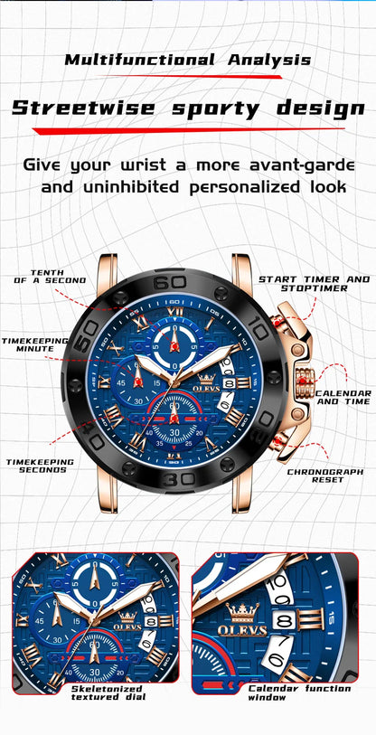 OLEVS 51mm Large Dial Quartz Watch for Men Silicone Strap Waterproof Luminous Auto Date Chrono Roman Numeral Scale Men's Watches