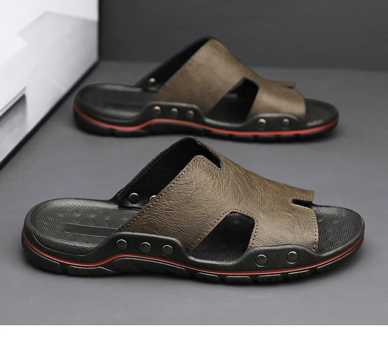 Summer Men Slippers Genuine Leather Breathable Clogs Sandals Beach Classics Leather Slides Outdoor Flip Flops Plus Size Men Shoe