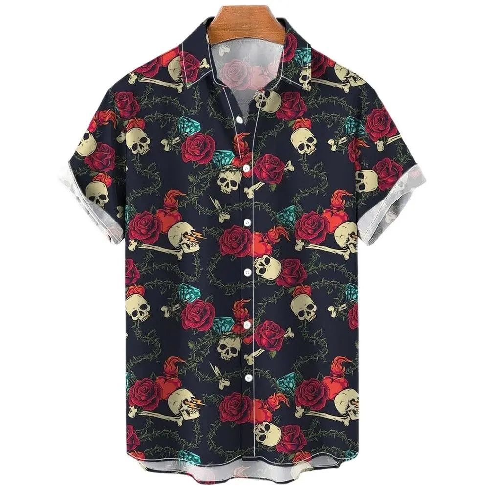 Men's Shirt Sailing Skull Print Shirts Hawaiian Fashion Casual Rock Print Plus Size Tops 2023 New Beach Men's Clothing Shirt