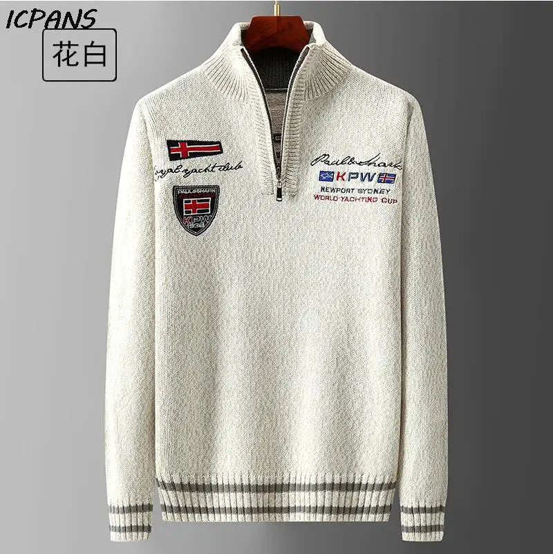 White Sweater Male Knitwear Shark Clothing Cotton Wool Jumpers Pullover Coats Jacquard Christmas Knitted Half Turtleneck Zip