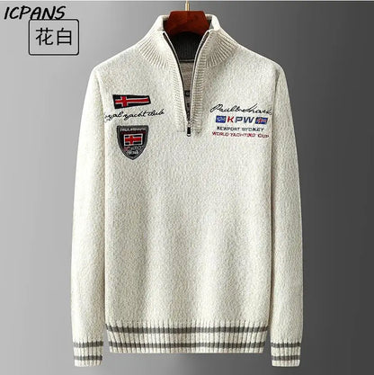White Sweater Male Knitwear Shark Clothing Cotton Wool Jumpers Pullover Coats Jacquard Christmas Knitted Half Turtleneck Zip
